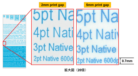 理想テクノロジーズのインクジェットヘッドの強みである高精細印字により、2pt(0.6mm)の文字をくっきりと印字することを可能にします。