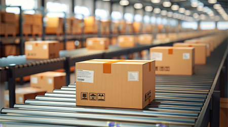 物流倉庫内にラインで流れる段ボールのイメージ